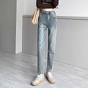 【MsMore】 哈倫牛仔好品質高腰彈力顯瘦蘿蔔老爹長褲# 124611 M 藍色
