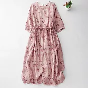 【ACheter】 蘆麻碎花連身裙文藝寬鬆收腰氣質長裙七分袖長洋裝# 124647 2XL 粉紅色