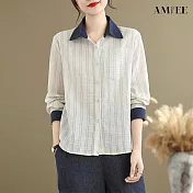 【AMIEE】條紋寬鬆翻領長袖襯衫女上衣(KDTY-2603B) M 圖片色