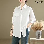 【AMIEE】休閒寬鬆純色翻領長袖襯衫女上衣(KDTY-2601) L 白色