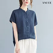 【AMIEE】寬鬆純色棉麻立領短袖襯衫女上衣(KDTY-8889) L 深藍