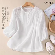【AMIEE】刺繡花V領五分袖襯衫女上衣(KDTY-9041) M 白色