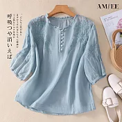 【AMIEE】刺繡花V領五分袖襯衫女上衣(KDTY-9041) M 藍色