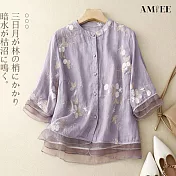 【AMIEE】刺繡立領五分袖襯衫女上衣(KDTY-6577) M 紫色