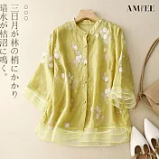 【AMIEE】刺繡立領五分袖襯衫女上衣(KDTY-6577) M 黃色