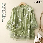 【AMIEE】刺繡立領五分袖襯衫女上衣(KDTY-6577) M 綠色