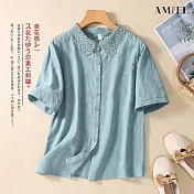 【AMIEE】棉麻提花短袖襯衫女上衣(KDTY-616B) M 淺藍