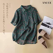 【AMIEE】棉麻小碎花短袖襯衫女上衣(KDTY-1572) M 綠色