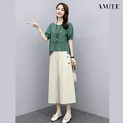 【AMIEE】氣質寬鬆顯瘦上衣長褲兩件套(KDAY-779) M 綠色