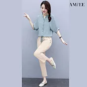 【AMIEE】韓系寬鬆顯瘦上衣長褲兩件套(KDAY-T82) M 藍色