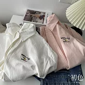 【初色】韓版鹽系純色單排釦字母刺繡長袖翻領襯衫上衣女上衣-共5色-10790(F可選) F 粉色