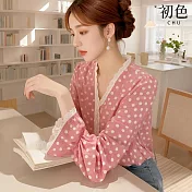 【初色】法式蕾絲花邊純色圓點印花單排扣V領長袖小衫襯衫上衣女上衣-粉色-10704(M-2XL可選) M 粉色