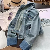 【初色】復古做舊短款修身長袖水洗牛仔夾克外套女外套-藍色-10713(M-XL可選) M 藍色