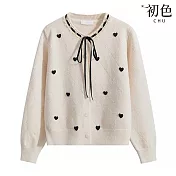 【初色】韓系刺繡愛心蕾絲花邊繫帶圓領長袖開衫針織毛衣外套女外套-共3色-10728(F可選) F 米色