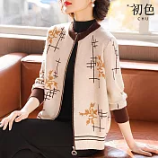 【初色】文藝風寬鬆撞色印花圓領長袖拉鍊針織外套女外套-共2色-10731(F可選) F 米色