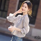 【初色】港風復古條紋蕾絲花邊長袖襯衫上衣女上衣-米色-11042(M-2XL可選) M 米色