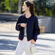 【初色】復古風撞色拼接假兩件棒球外套女外套-藏青色-11057(M-2XL可選) M 藏青色