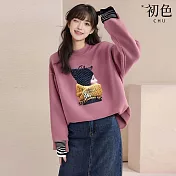 【初色】純色圓領拼接字母人像印花寬鬆長袖大學T上衣女上衣-共3色-10855(M-3XL可選) M 粉色
