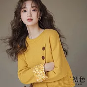 【初色】文藝風斜襟排釦圓領寬鬆落肩長袖毛衣針織衫上衣女上衣-黃色-10894(F可選) F 黃色