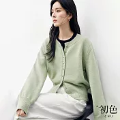 【初色】簡約純色圓領單排釦落肩長袖針織開衫外套女外套-共4色-10898(F可選) F 綠色
