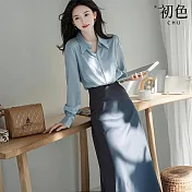 【初色】通勤風單排扣襯衫領長袖襯衫上衣女上衣+純色直筒中長裙半身裙兩件套裝-藍色-10903(M-XL可選) M 藍色