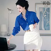 【初色】條紋單排扣POLO領長袖襯衫女上衣+純色皮帶中長裙半身裙套裝-藍衣白裙-10904(M-XL可選) M 藍衣白裙