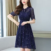 【MsMore】 短袖深藍收腰顯瘦時尚氣質碎花雪紡連身裙中長洋裝# 124572 L 深藍色