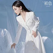 【初色】法式小香風純色單排扣鈕扣西裝領長袖中長裙連衣裙連身洋裝-白色-10926(M-2XL可選) M 白色