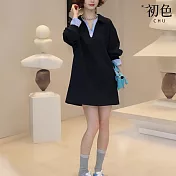 【初色】休閒寬鬆遮肉假兩件條紋拼接圓領V領長袖針織中長裙連衣裙連身洋裝-藏青色-10906(F可選) F 藏青色