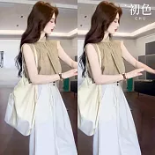 【初色】小香風褶皺綁帶立領無袖T恤女上衣+純色闊腿褲休閒褲寬褲長褲套裝-咖衣白裙-10939(M-XL可選) M 咖衣白裙