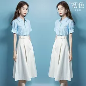 【初色】純色翻領反摺短袖襯衫上衣女上衣+收腰斜扣A字裙半身裙套裝-藍色-36753(M-XL可選) M 藍色