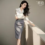 【初色】通勤單排釦西裝領長袖襯衫女上衣+純色皮帶直筒裙中長裙半身裙套裝-白衣灰裙-10917(M-XL可選) M 白衣灰裙