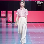 【初色】通勤風翻領單排釦短袖襯衫上衣女上衣+直筒修身西裝褲寬褲長褲-粉衣白褲-10918(M-XL可選) M 粉衣白褲