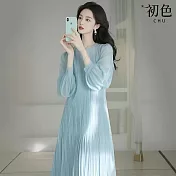 【初色】法式寬鬆顯瘦圓領長袖中長連衣裙連身洋裝-藍色-11028(M-2XL可選) M 藍色