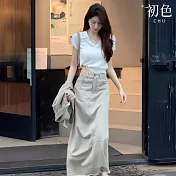【初色】韓系修身POLO領短袖T恤上衣女上衣+純色高腰中長裙半身裙套裝-白衣卡其裙-11030(M-XL可選) M 白衣卡其裙