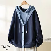 【初色】日系拚色假兩件假門襟長袖連帽帽T上衣女上衣-共3色-10979(M-3XL可選) M 藏藍色