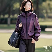 【初色】休閒風工裝寬鬆純色長袖衝鋒衣立領連帽外套女外套-深紫色-10980(M-3XL可選) M 深紫色