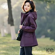 【初色】休閒風純色長袖拉鍊大口袋中長款收腰連帽風衣外套-紫色-10983(M-3XL可選) M 紫色
