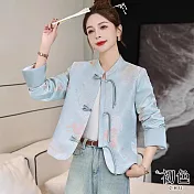 【初色】新中式緹花半立領單排盤扣長袖夾克開衫短款外套女外套-共2色-10986(M-3XL可選) M 藍色