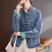 【初色】新中式拼接半立領單排盤扣長袖開衫夾克休閒牛仔外套女外套-藍色-10987(M-3XL可選) M 藍色