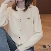 【初色】日系簡約刺繡小圖彩色單排釦圓領長袖開衫針織衫外套女外套-米色-11000(F可選) F 米色
