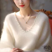 【初色】氣質風釘珠V領純色仿羊絨長袖毛衣針織衫上衣女上衣-米白色-10998(F可選) F 米白色