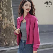 【初色】華夫格純色休閒寬鬆短款立領長袖外套女外套-共3色-11040(M-2XL可選) M 玫紅色