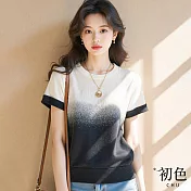 【初色】中式墨染圓領撞色漸變色短袖針織上衣女上衣-黑白色-11089(F可選) F 黑白色