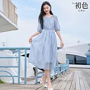 【初色】度假風暈染漸層圓領五分袖收腰長裙中長連衣裙連身洋裝-共2色-11253(M-2XL可選) L 藍色