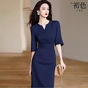 【初色】輕奢風名媛氣質收腰純色圓領小V領短袖中長裙連衣裙連身洋裝-藍色-11260(M-2XL可選) M 藍色