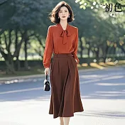 【初色】商務風蝴蝶結V領長袖襯衫上衣女上衣+顯高純色中長裙半身裙套裝-橘衣咖裙-11261(M-2XL可選) M 橘衣咖裙