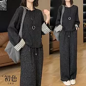 【初色】亞麻風拼接條紋背鏤空長袖上衣女上衣+抽繩寬鬆休閒褲寬褲長褲套裝-黑色-11149(M-XL可選) M 黑色