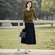 【初色】韓版撞色拼接鈕扣POLO領長袖針織衫上衣+純色A字裙中長裙半身裙套裝-綠衣黑裙-11162(M-2XL可選) M 綠衣黑裙