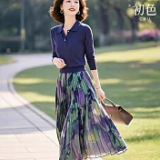 【初色】純色單排扣半門襟翻領長袖針織衫女上衣+花色百褶裙中長裙半身裙套裝-藍衣花裙-11154(M-2XL可選) M 藍衣花裙